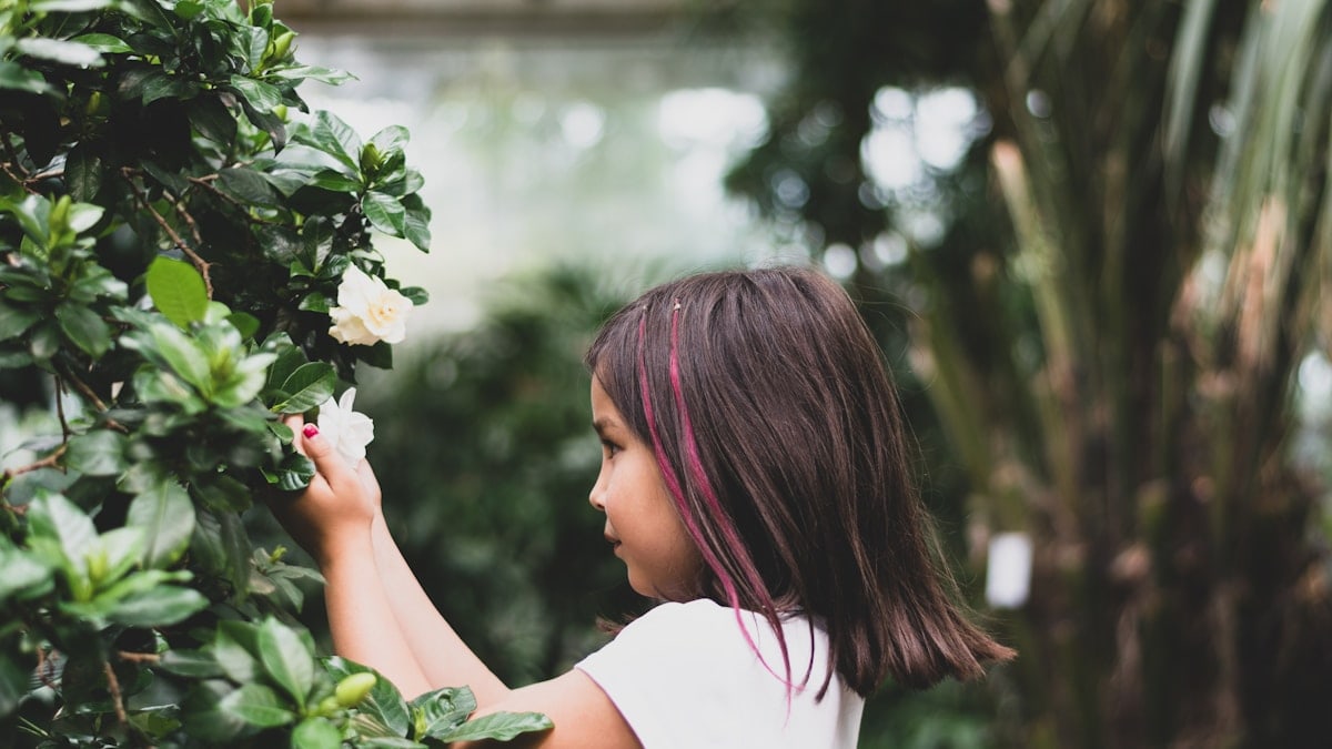 Girl looking at flowers in bothanical gardens in Stockholm.